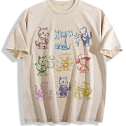 Cat 90s Tattoo Retro Kitten Cute Vintage Washed T-Shirt in Beige