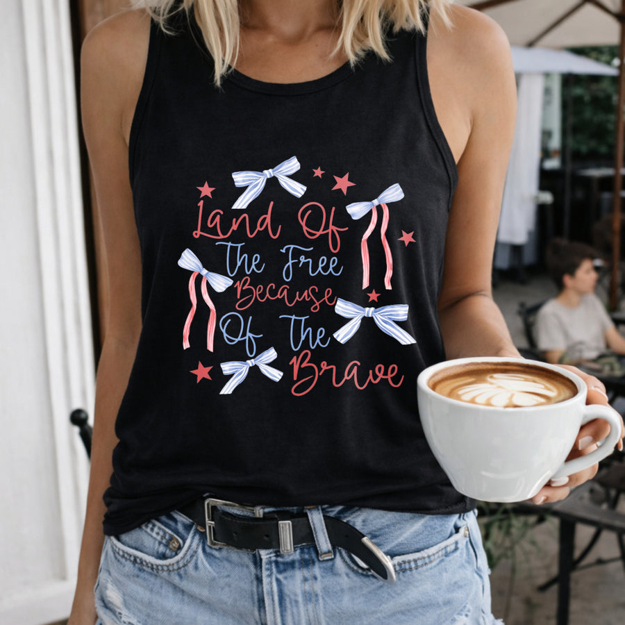 Patriotic Land of the Free Because of the Brave Women's Color Cotton Tank Top in Black