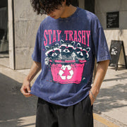 Stay Trashy Black with Pink Raccoon & Bin Vintage Washed T-Shirt in Blue