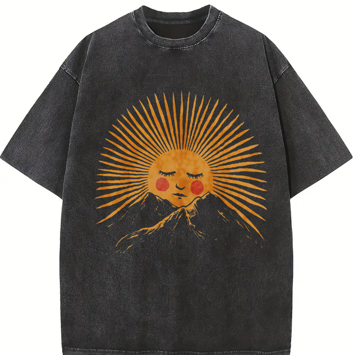Smiling Sun and Mountain Vintage Washed T-Shirt in Black