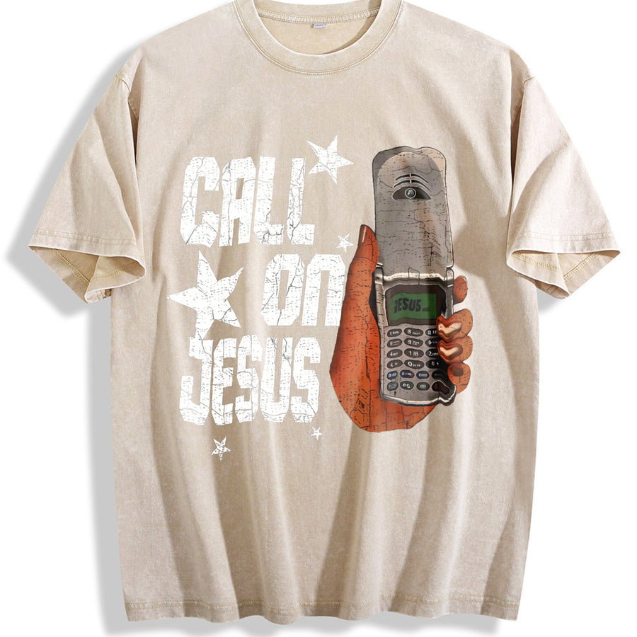 Call on Jesus Flip Phone White Retro Religious Vintage Washed T-Shirt in Beige