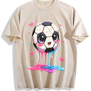 Cute Dripping Soccer Ball Vintage Washed T-Shirt in Beige