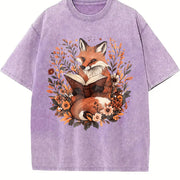 Ladies' Bohemian Short-sleeve Floral with a an Elegant Fox Vintage Washed T-Shirt in Purple