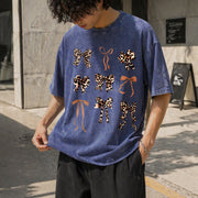 With Leopard Material Plus Black Floral Light Floral Vintage Washed T-Shirt in Blue
