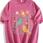 Folk Art Birds and Flowers Vintage Washed T-Shirt in Red