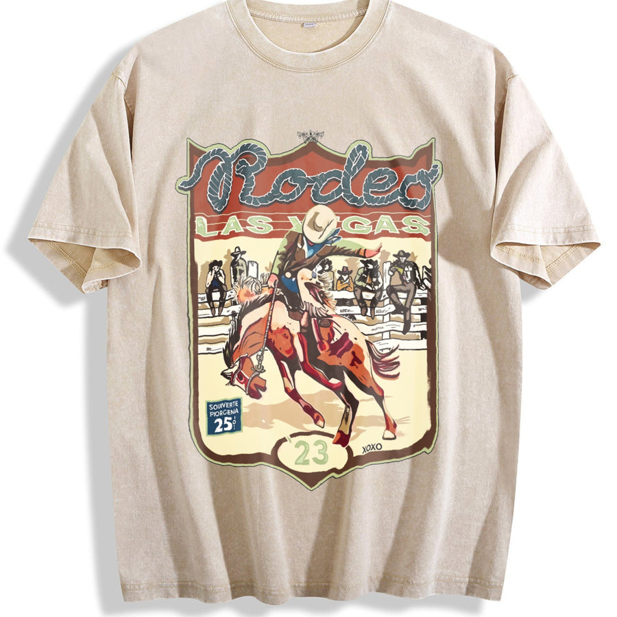 Las Vegas Rodeo Cowboy Sleeveless Tank Vintage Washed T-Shirt in Beige