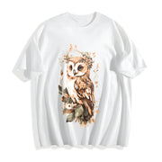 Green Leaf Owl Fashionable Elegant Cotton T-Shirt in White