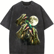 Frogs Howling to Moon 90s Vintage Washed T-Shirt in Black