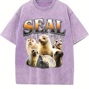 Seal Ocean Animal Bootleg Meme Vintage Washed T-Shirt in Purple