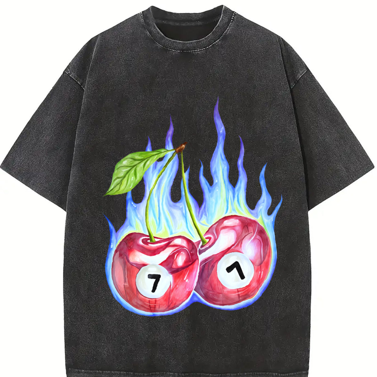7 Ball Cherry on Fire Vintage Washed T-Shirt in Black
