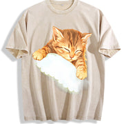 Sleeping Kitten Cat Lover Vintage Washed T-Shirt in Beige