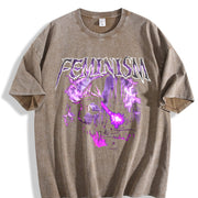 Feminism Dragon Retro Vintage Washed T-Shirt in Brown