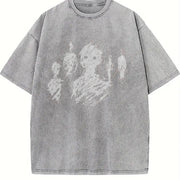 Black with Abstract Character Vintage Washed T-Shirt in Gray