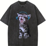 Y2K Headphones Cat Vintage Washed T-Shirt in Black