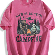 Retro Bear and Alien Life Is Better by the Campfire 90s Vintage Washed T-Shirt in Red