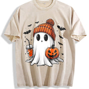 Halloween Ghost Cute Ghost Vintage Washed T-Shirt in Beige