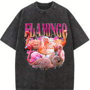 Flamingo Retro 90s Animal Vintage Washed T-Shirt in Black