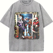 Retro Christmas Horror Movies Vintage Washed T-Shirt in Gray