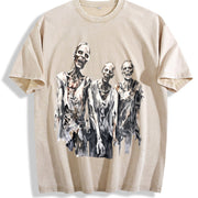 Retro Creepy Zombies 90s Vintage Washed T-Shirt in Beige