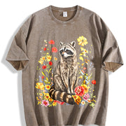 Cute Raccoon Floral Vintage Washed T-Shirt in Brown