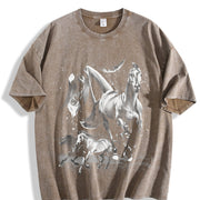 Wild Horses Retro Running Horse Vintage Washed T-Shirt in Brown