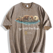 Cute Sea Otter Go with the Flow National Geographic Boxy Vintage Washed T-Shirt in Brown