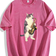 Saxophone Cat Retro Jazz Music Cats Vintage Washed T-Shirt in Red