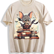 A Playful of a Bespectacled Bat Reading a Magic Book Vintage Washed T-Shirt in Beige