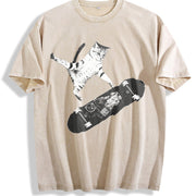 Skateboarding Cat Y2k Cat Vintage Washed T-Shirt in Beige