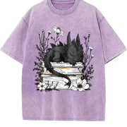 Inspired Whimsical Black Dragon & Floral Book Vintage Washed T-Shirt in Purple