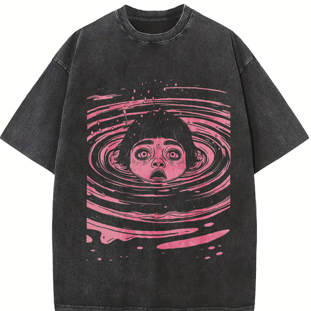 And Heavy Duty Water Ripple Girl Face Vintage Washed T-Shirt in Black