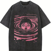 And Heavy Duty Water Ripple Girl Face Vintage Washed T-Shirt in Black