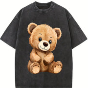 Cute Fluffiest Short-sleeve with Bear & Pom-pom Creature Vintage Washed T-Shirt in Black
