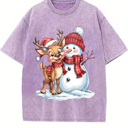 Christmas Autumn Snowman Reindeer Fashionable Elegant Vintage Washed T-Shirt in Purple
