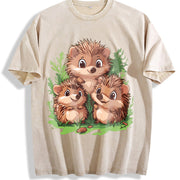 A Round-neck Short-sleeve with Three Brown Hedgehogs Vintage Washed T-Shirt in Beige