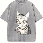 Cat Portrait Vintage Washed T-Shirt in Gray