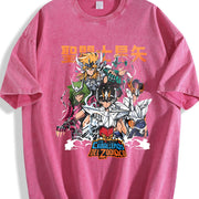 Saint Seiya short-sleeved classic nostalgic Japanese vintage washed oversized T-shirt in Red