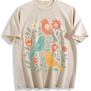 Folk Art Birds and Flowers Vintage Washed T-Shirt in Beige