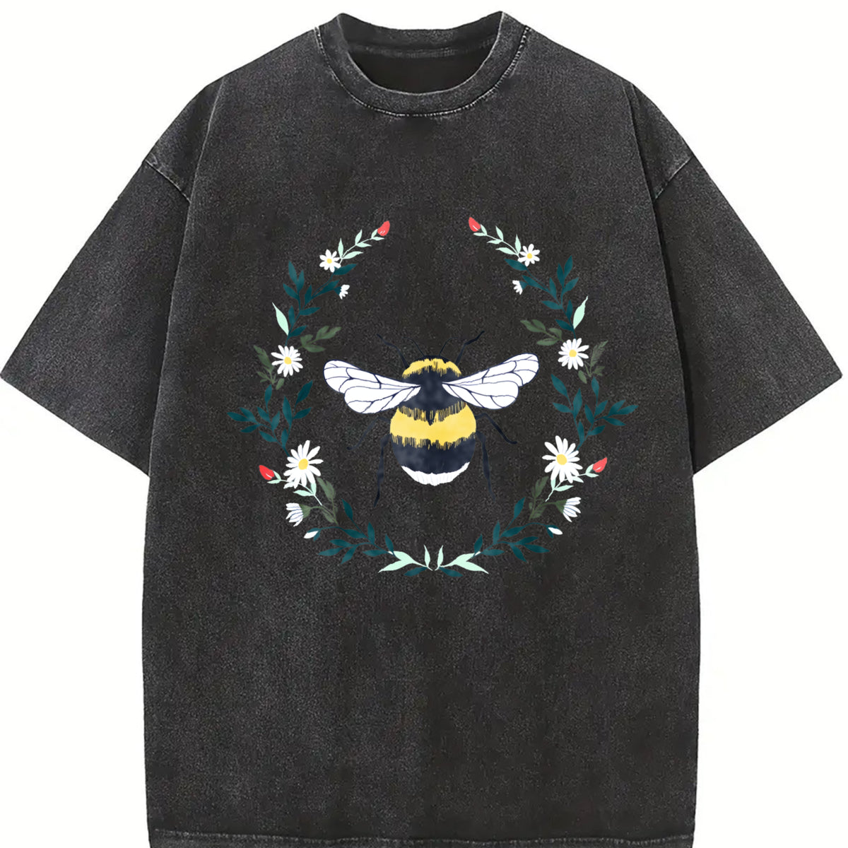 Wildflower Bee Embroidered Vintage Washed T-Shirt in Black