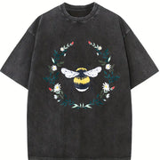 Wildflower Bee Embroidered Vintage Washed T-Shirt in Black