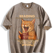 Cat Reading Retro Cat Vintage Washed T-Shirt in Brown