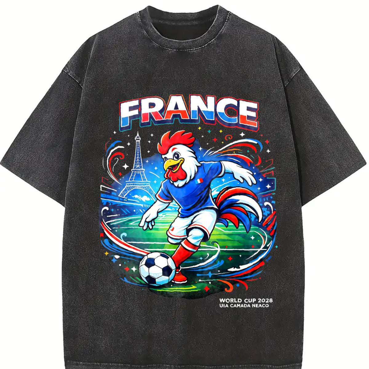 France Rooster Eiffel Tower Football Sleeveless Tank Vintage Washed T-Shirt in Black