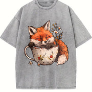 Winter: Little Fox Curled Up in a Floral Teacup Vintage Washed T-Shirt in Gray