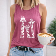 Three Giraffes in Glasses Women's Color Cotton Tank Top in Red