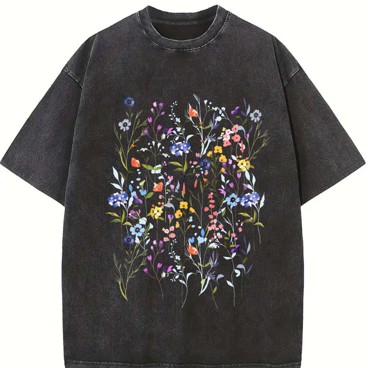 Pressed Flowers Vintage Washed T-Shirt in Black