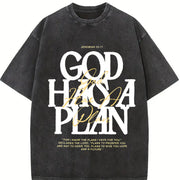 Retro 230 'God HAS a Plan' Letter ComfortableFashionable Vintage Washed T-Shirt in Black