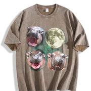 Three Moo Deng 90s Moon Vintage Washed T-Shirt in Brown