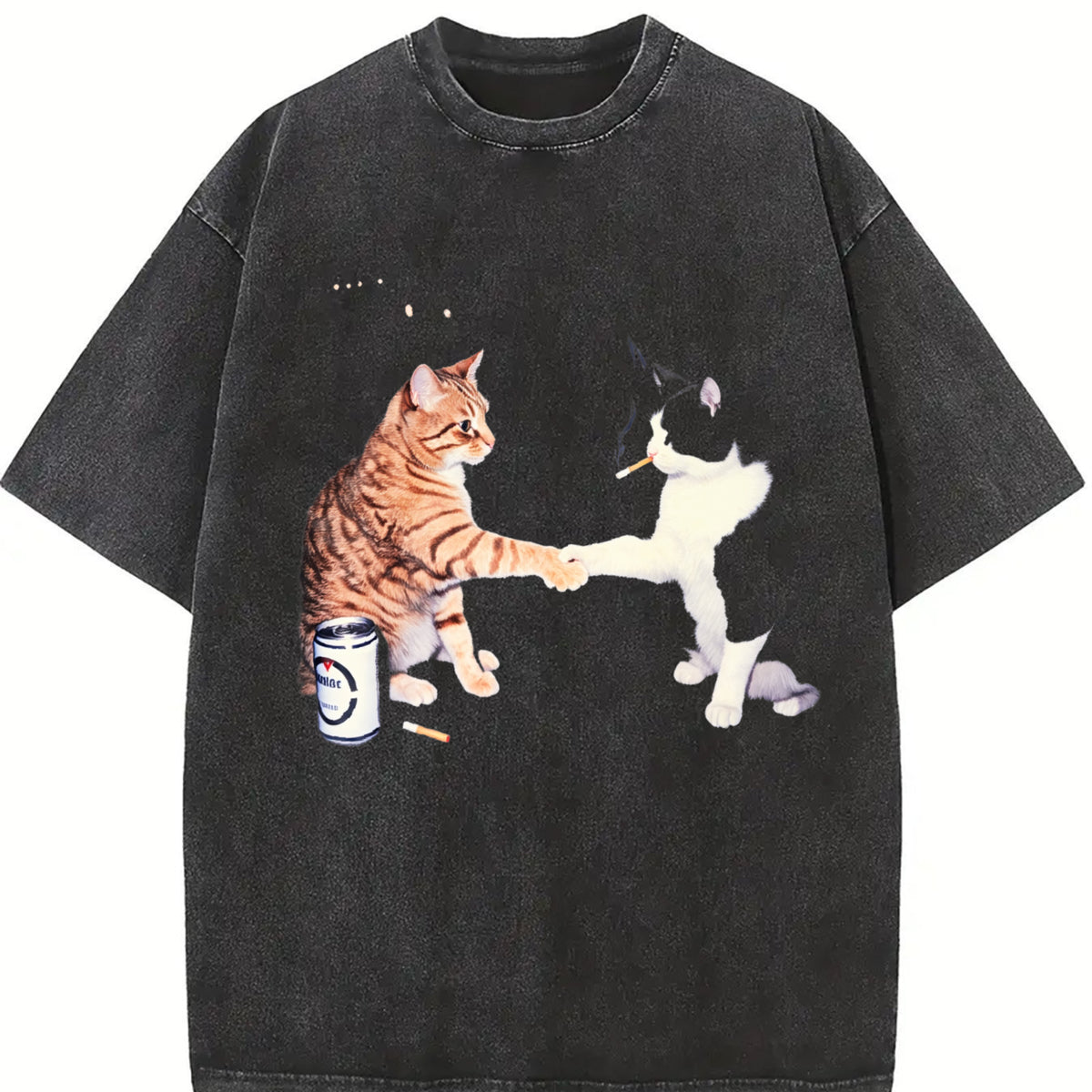 Smoking Cats Fist Bump Cat Vintage Washed T-Shirt in Black