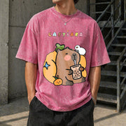 Capybara Bubble Tea Vintage Washed T-Shirt in Red