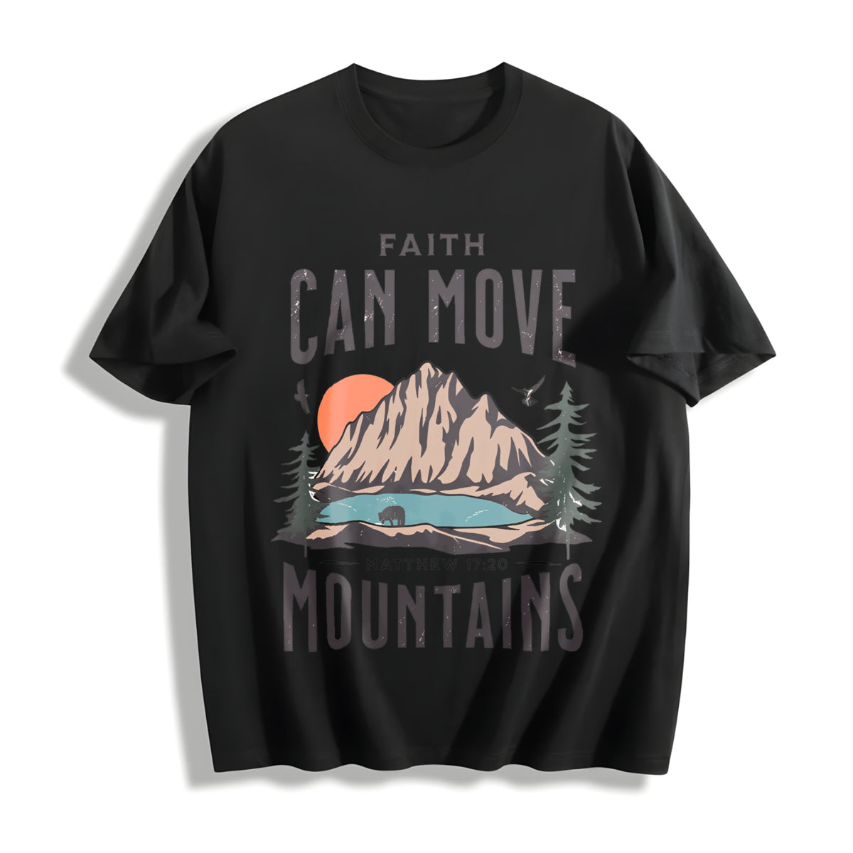Scenery and Letter One-piece Cotton T-Shirt in Black